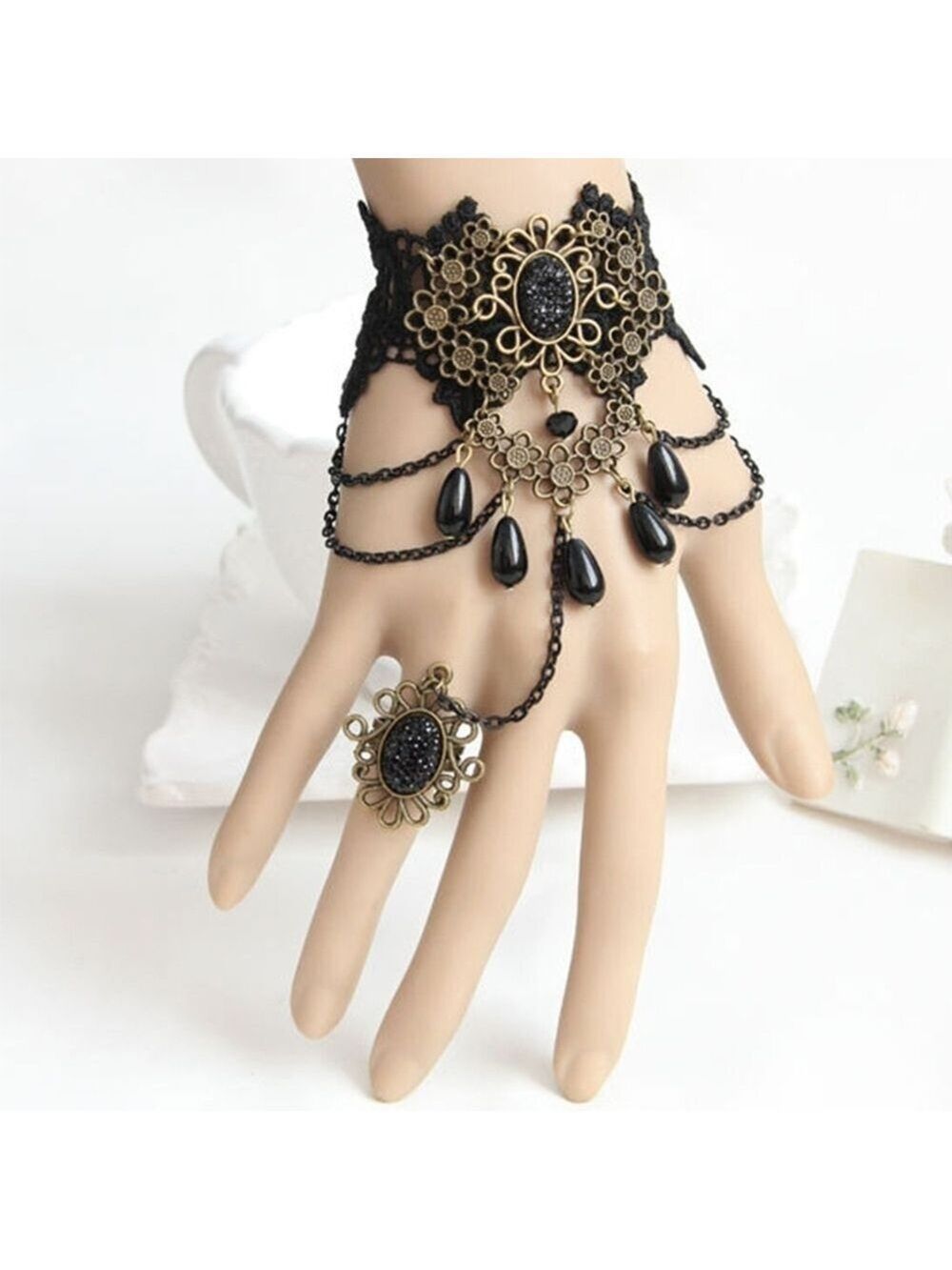 Retro Goth Black Lace Hand Chain Bracelet And Ring Set